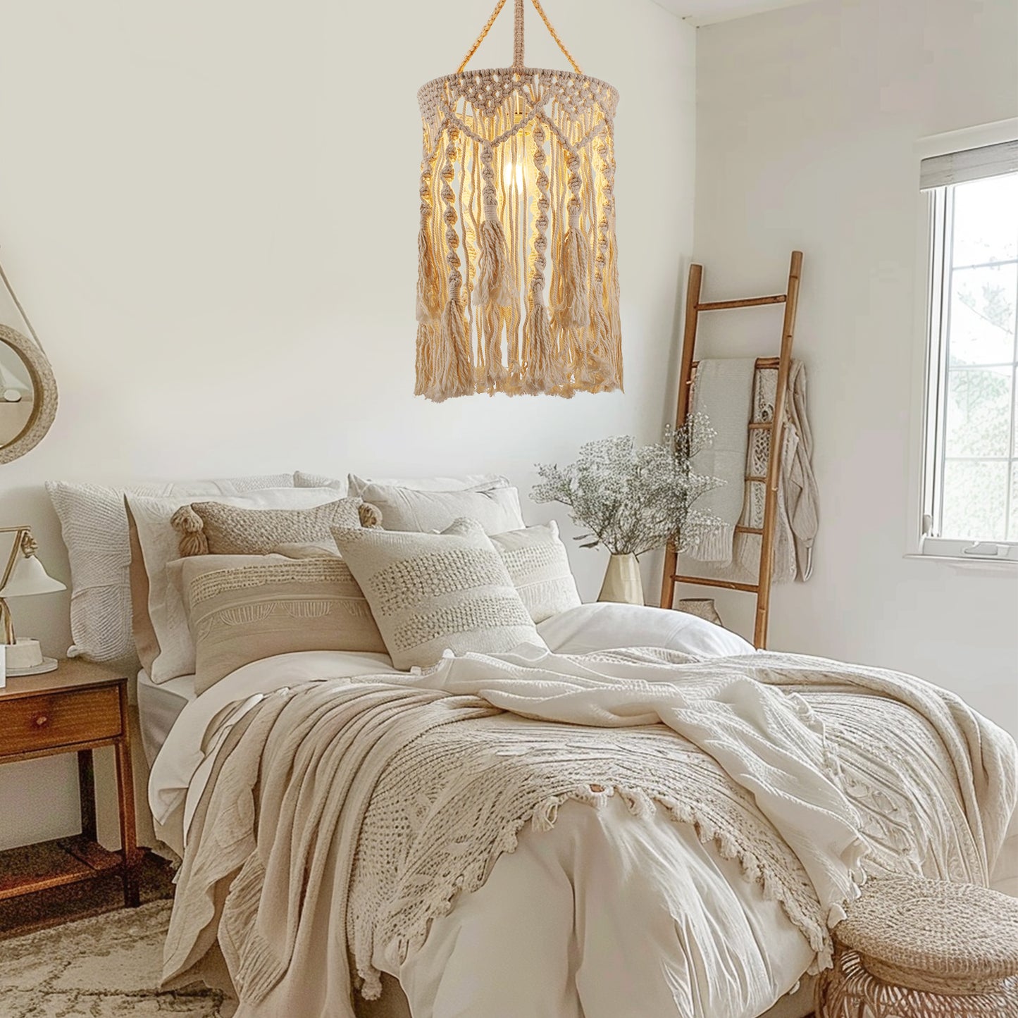 YANSUN Boho 1-Light Plug-In Pendant Light with Beige Woven Shade, Twisted Tassel, E26 Base, 5m Cord with Button Switch