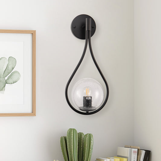 7.87 in. 1-Light Black Modern Globe Wall Sconce with Seeded Glass Shade for Living Room