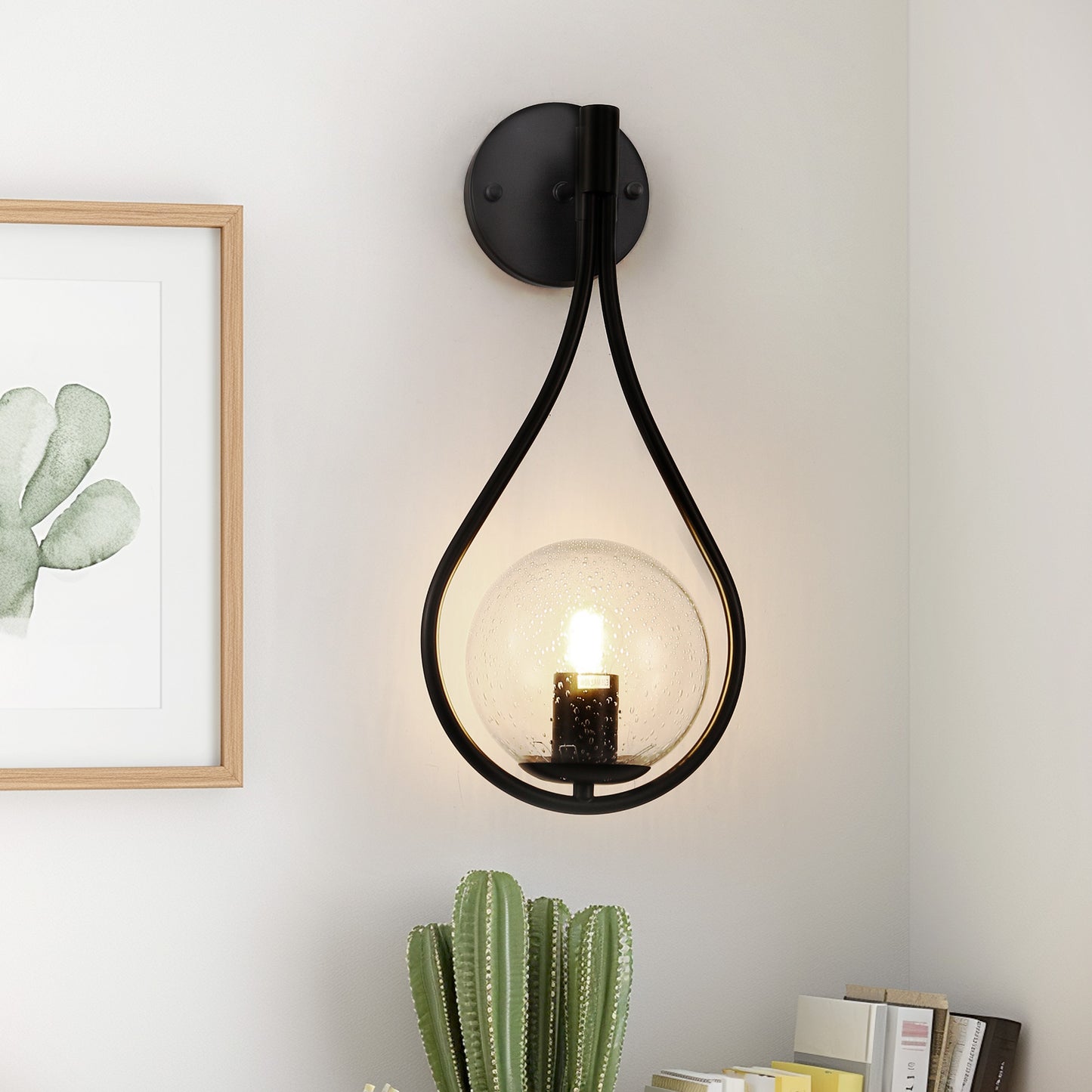 7.87 in. 1-Light Black Modern Globe Wall Sconce with Seeded Glass Shade for Living Room