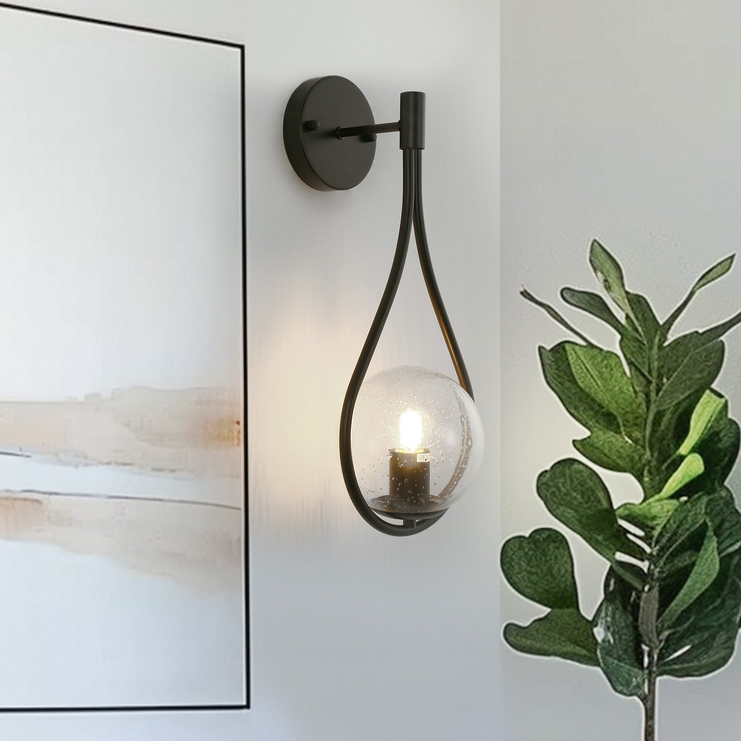 7.87 in. 1-Light Black Modern Globe Wall Sconce with Seeded Glass Shade for Living Room