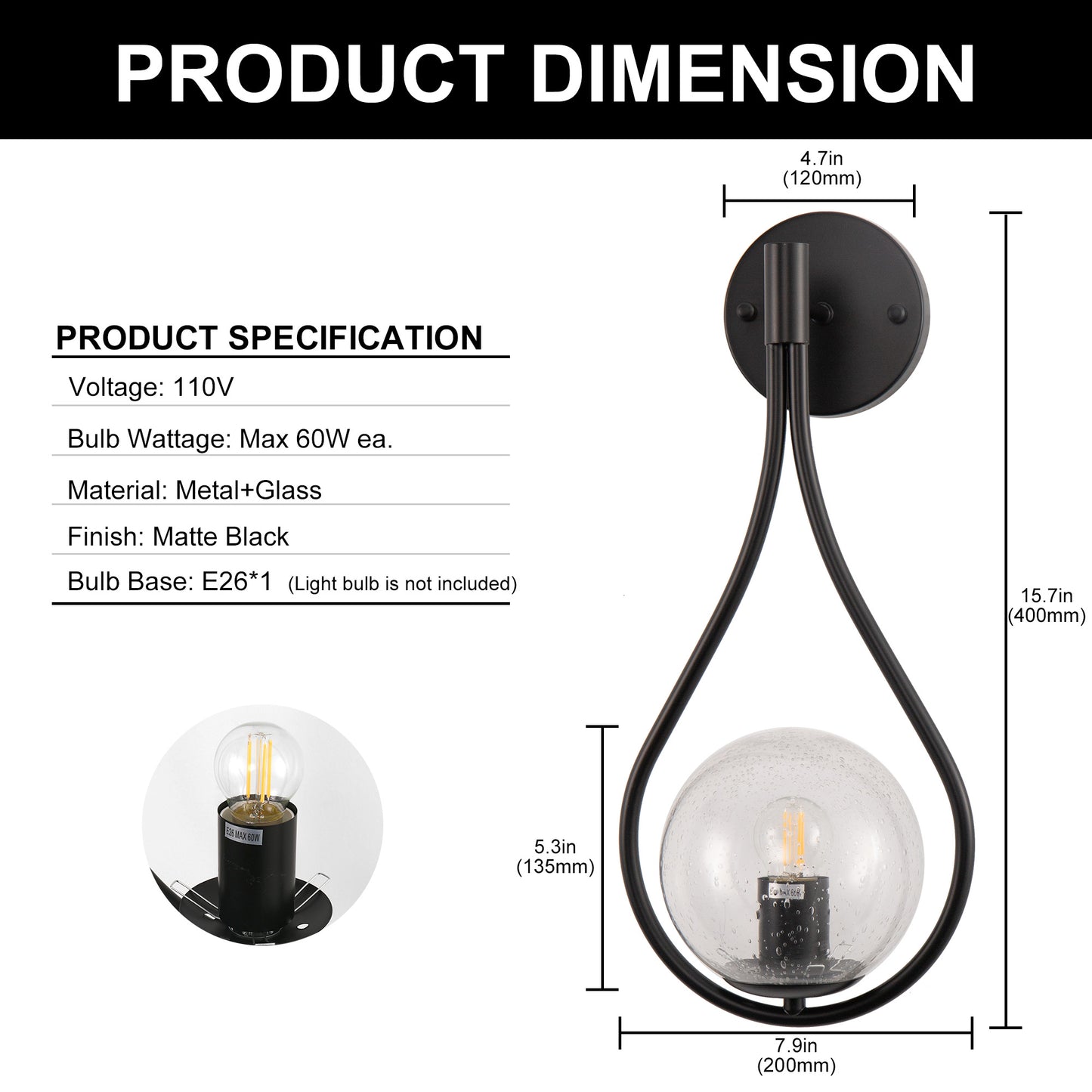 7.87 in. 1-Light Black Modern Globe Wall Sconce with Seeded Glass Shade for Living Room