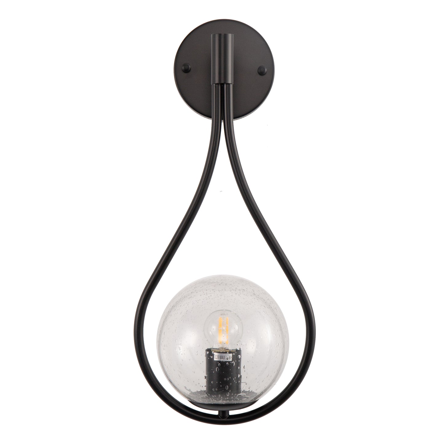 7.87 in. 1-Light Black Modern Globe Wall Sconce with Seeded Glass Shade for Living Room