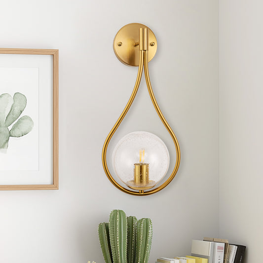 7.87 in. 1-Light Gold Wall Sconce Mid-Century Water Drop Design with Global Seeded Glass Shade for Bedroom Bedsides