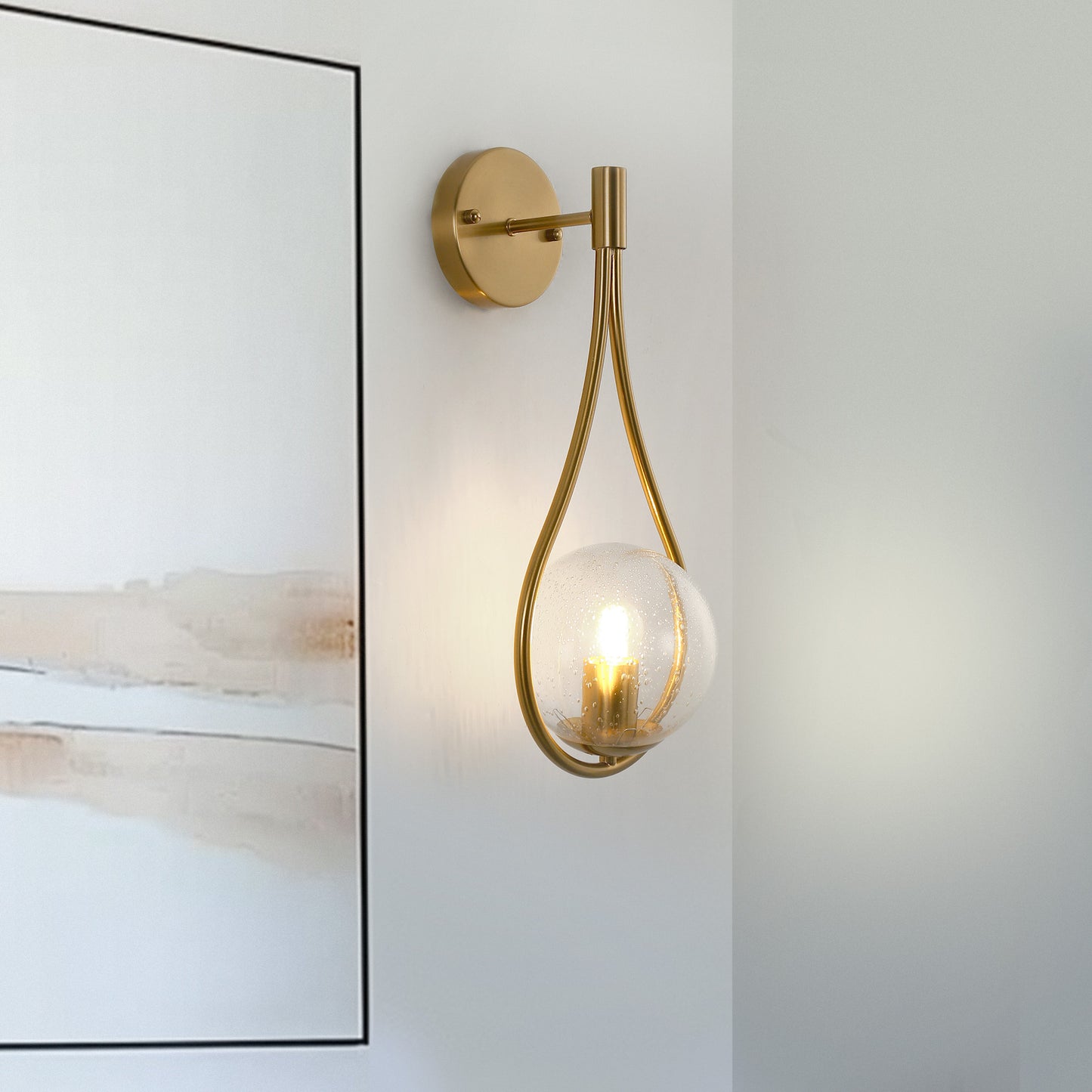 7.87 in. 1-Light Gold Wall Sconce Mid-Century Water Drop Design with Global Seeded Glass Shade for Bedroom Bedsides