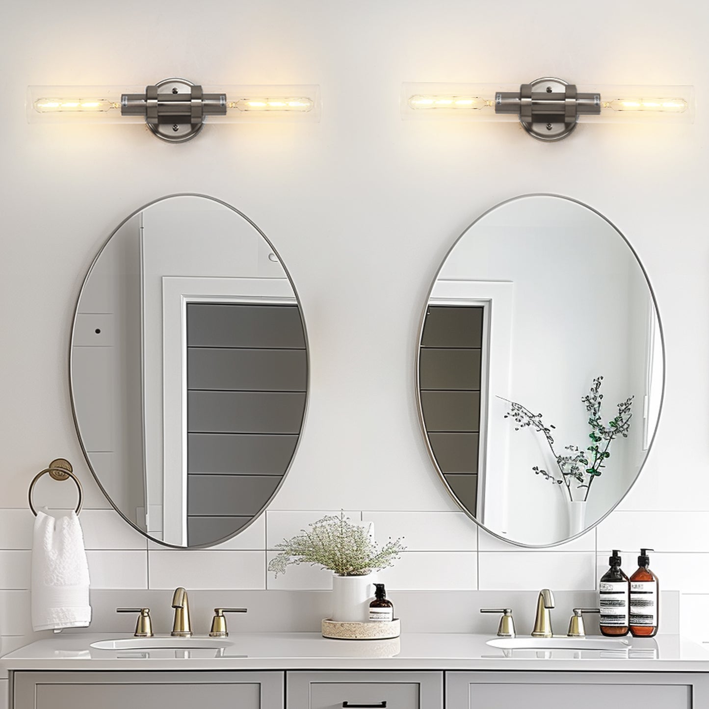 18 in. 2-Light Brushed Nickel Bathroom Sconces with Clear Glass, Bathroom Vanity Light Fixtures, Modern Wall Lights