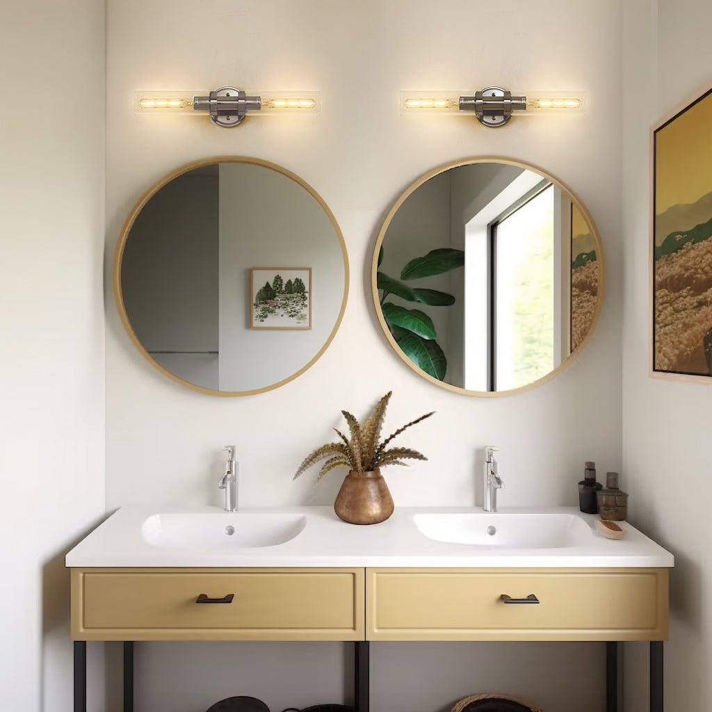 18 in. 2-Light Brushed Nickel Bathroom Sconces with Clear Glass, Bathroom Vanity Light Fixtures, Modern Wall Lights