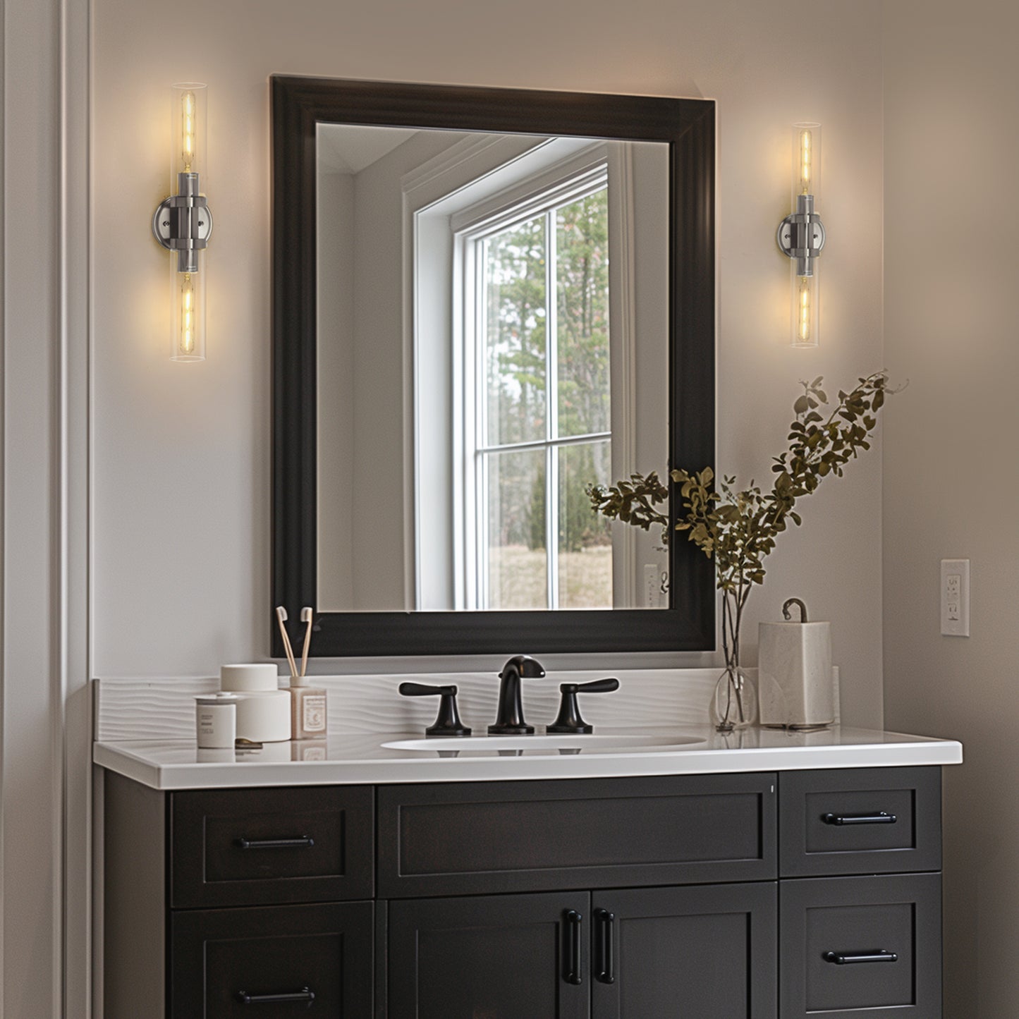 18 in. 2-Light Brushed Nickel Bathroom Sconces with Clear Glass, Bathroom Vanity Light Fixtures, Modern Wall Lights