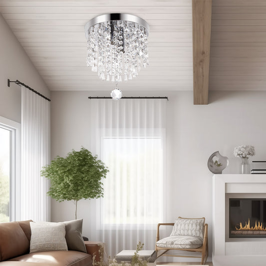 YANSUN 9 in. 2-Light Modern Crystal Kitchen Chandelier Ceiling Light,Chrome Crystal Raindrop Flush Mount for Hallway, Bedroom