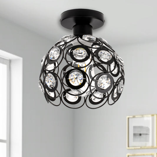 7 in. 1-Light Black Semi Flush Mount Ceiling Light Fixture with Antique Metal Crystal Shade