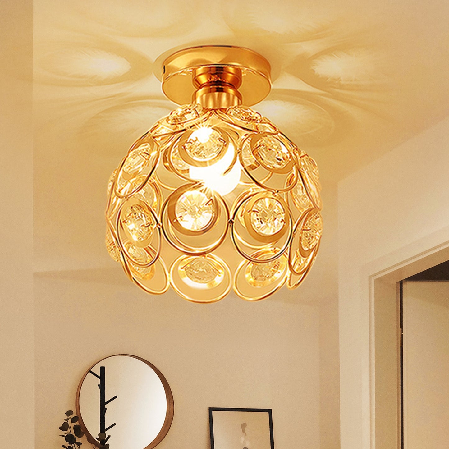 YANSUN 7 in. 1-Light Gold Mini Crystal Semi-Flush Mount with Elegant and Modern Look