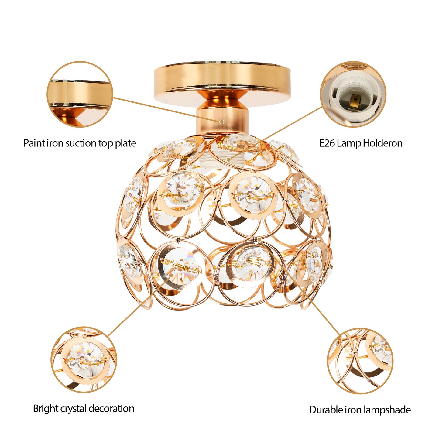 YANSUN 7 in. 1-Light Gold Mini Crystal Semi-Flush Mount with Elegant and Modern Look