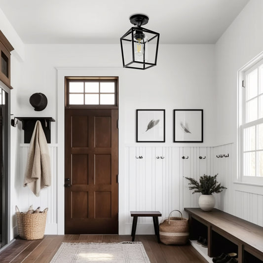 YANSUN 7 in. 1-Light Black Farmhouse Retro Cage Semi Flush Mount