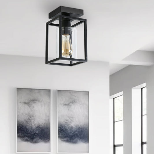 YANSUN 5.51 in. 1-Light Black Metal Frame Flush Mount with Clear Glass Shade