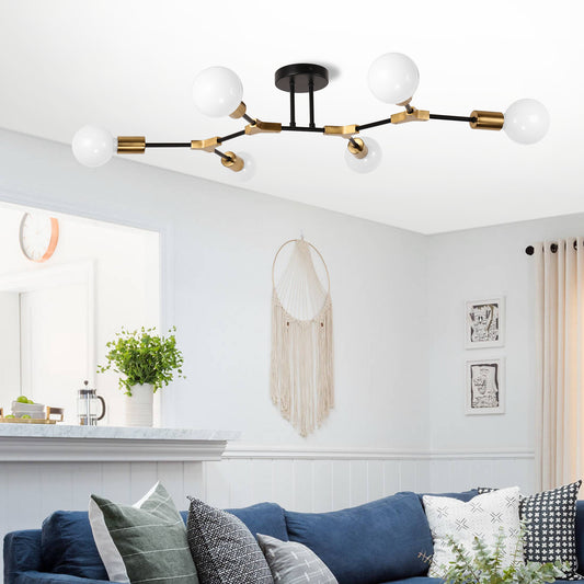 35 in. 6-Light Black and Gold Modern Sputnik Semi-Flush Mount, for Bedroom Living Room Hallway