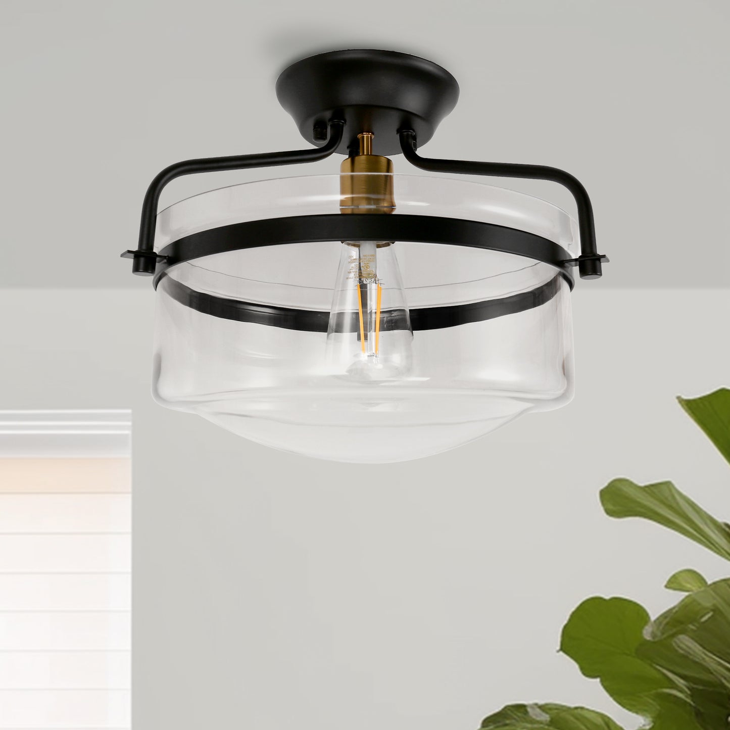 YANSUN 12 in. 1-Light Black Semi-Flush Mount Ceiling Light with Clear Glass Shade for Bedroom Foyer (1-Pack)