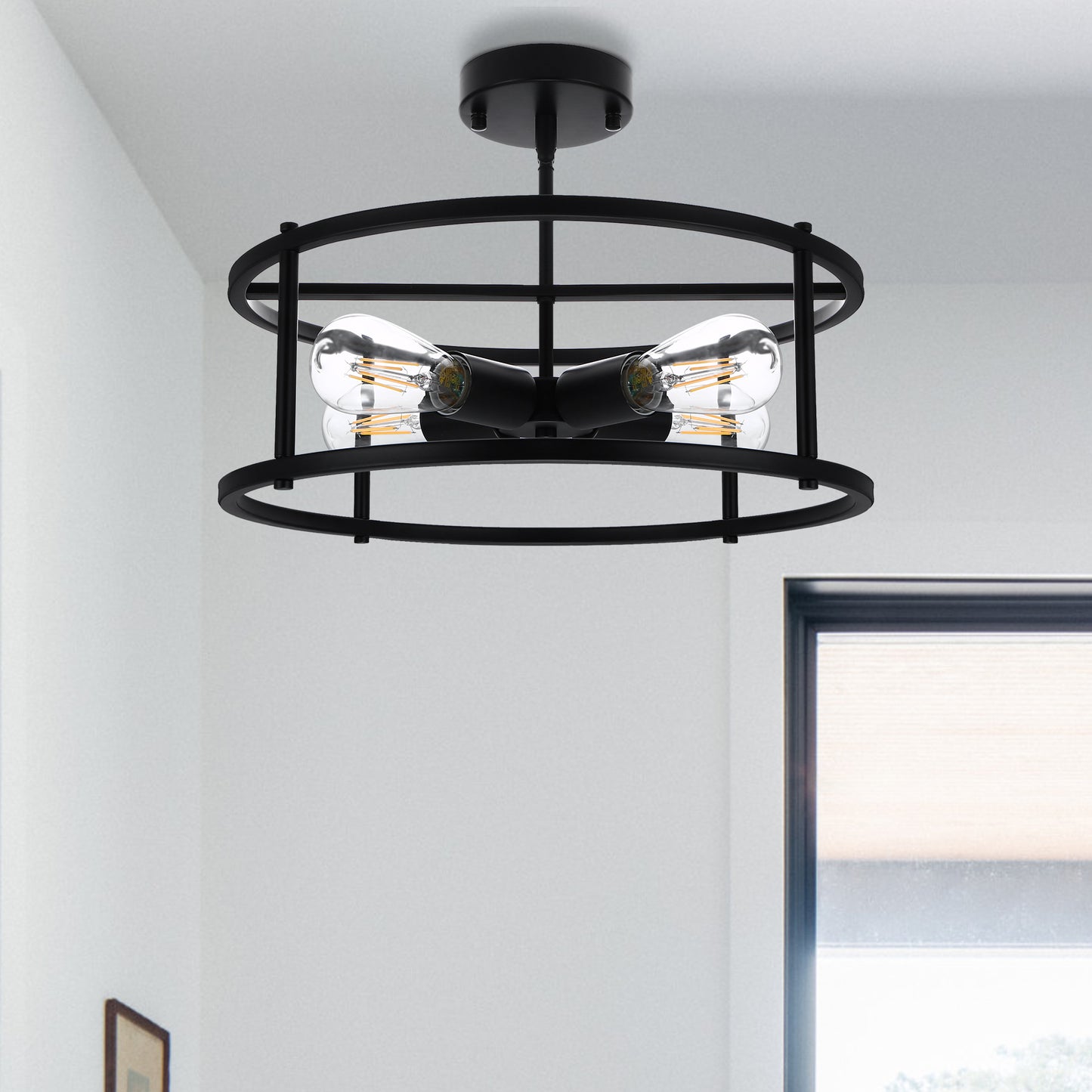 17 in. 4-Light Black Industria Caged Drum Ceiling Semi-Flush Mount Light for Kitchen Island Dining Room