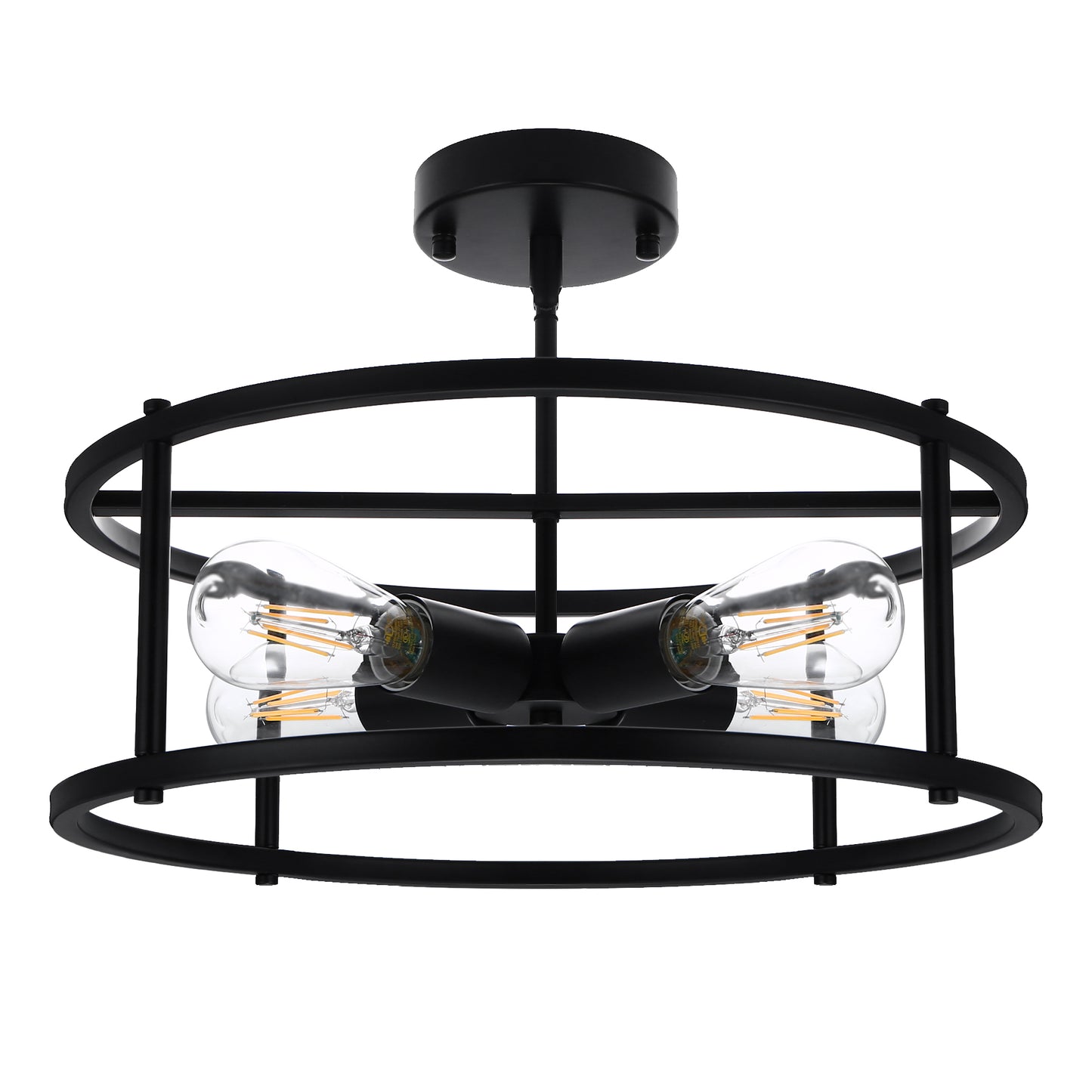 17 in. 4-Light Black Industria Caged Drum Ceiling Semi-Flush Mount Light for Kitchen Island Dining Room