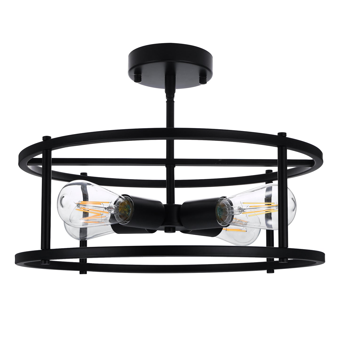 17 in. 4-Light Black Industria Caged Drum Ceiling Semi-Flush Mount Light for Kitchen Island Dining Room