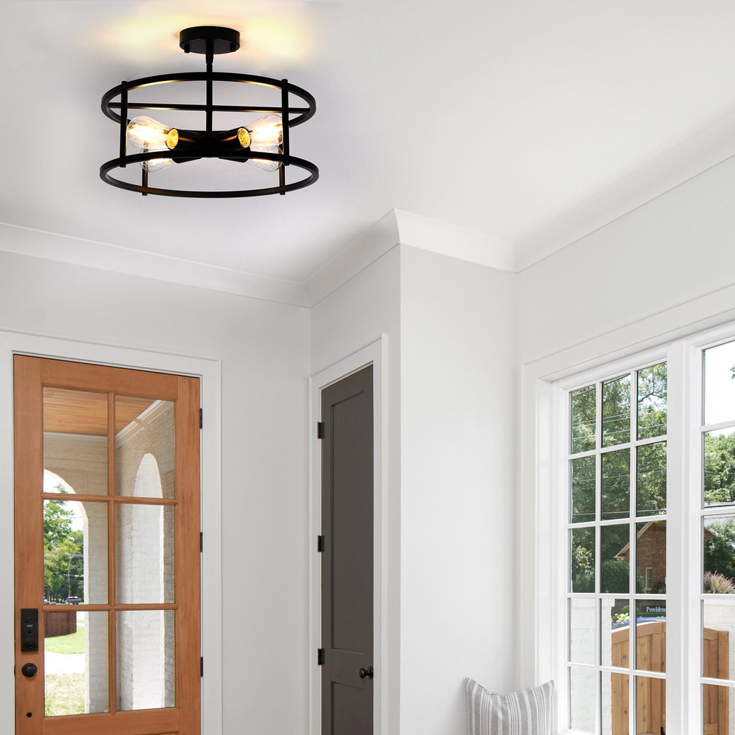 17 in. 4-Light Black Industria Caged Drum Ceiling Semi-Flush Mount Light for Kitchen Island Dining Room