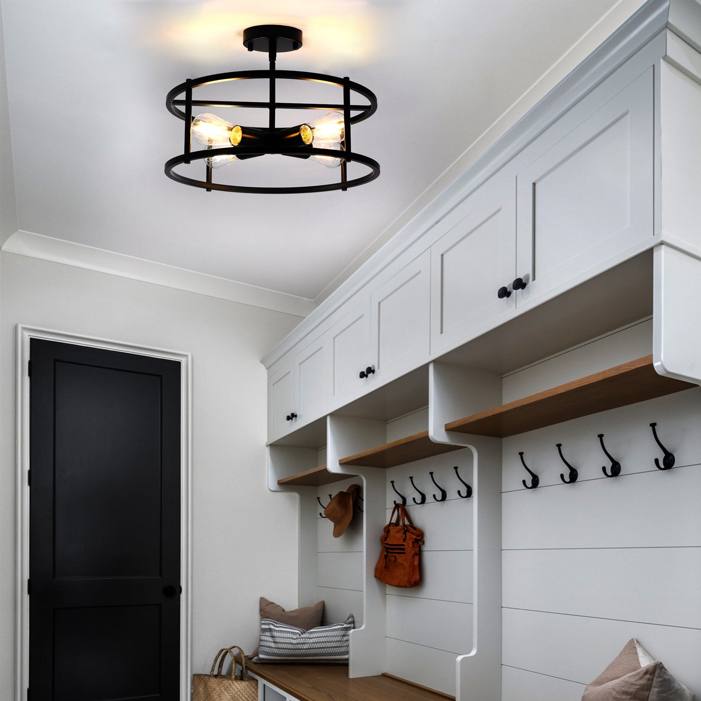 17 in. 4-Light Black Industria Caged Drum Ceiling Semi-Flush Mount Light for Kitchen Island Dining Room