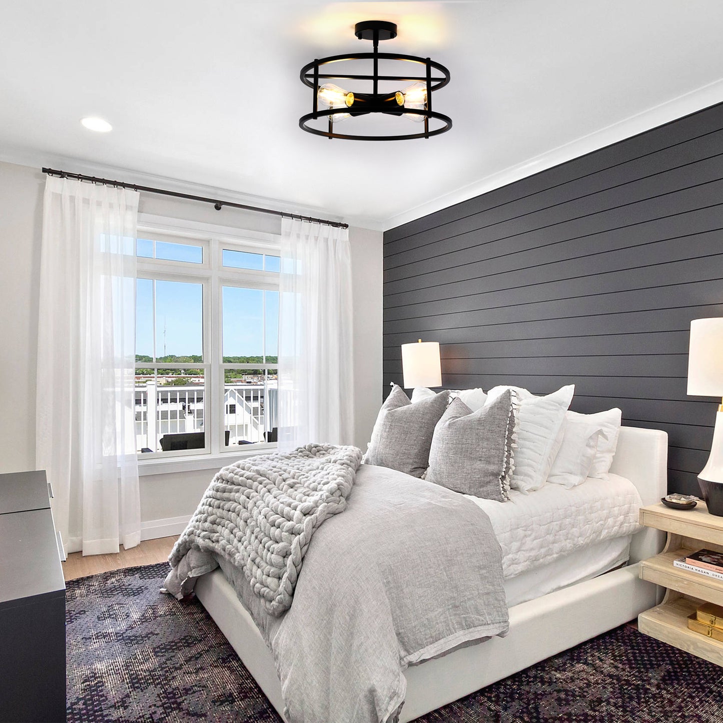 17 in. 4-Light Black Industria Caged Drum Ceiling Semi-Flush Mount Light for Kitchen Island Dining Room