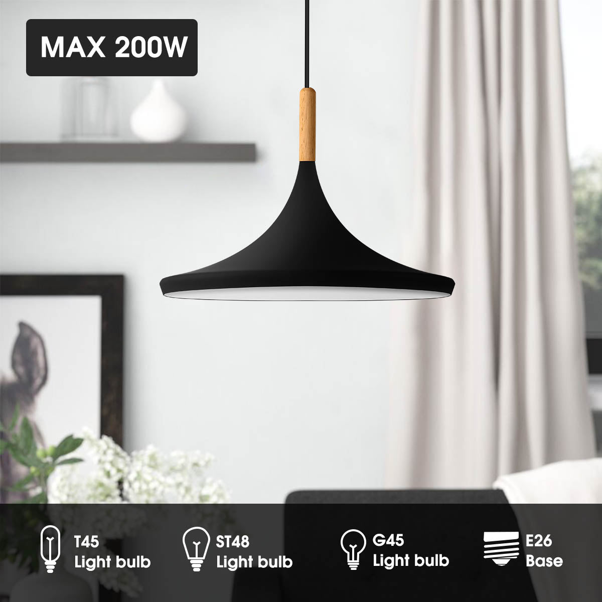 1-Light Matte Black Pendant Light, 14.2inch Wide Ceiling Fixture, Industrial Style
