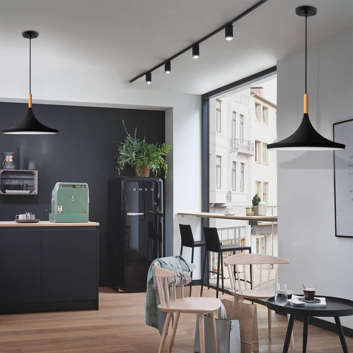 1-Light Matte Black Pendant Light, 14.2inch Wide Ceiling Fixture, Industrial Style