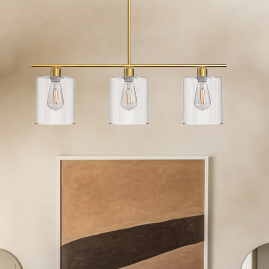 3-Light Gold Modern Kitchen Island Pendant Light Fixtures, Linear Chandelier Hanging Light with Clear Glass Shade