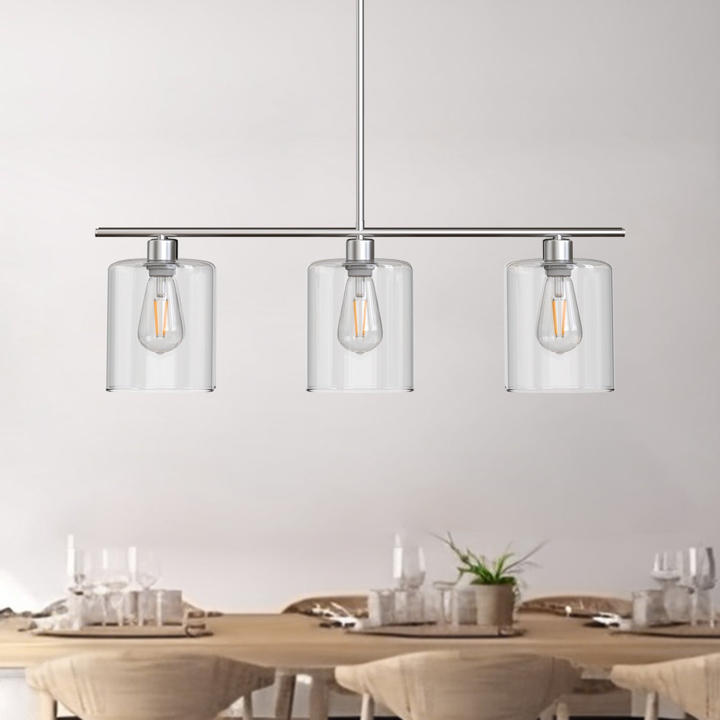 3-Light Brushed Nickel Modern Island Pendant Light Fixtures, Linear Chandelier Hanging Light with Clear Glass Shade