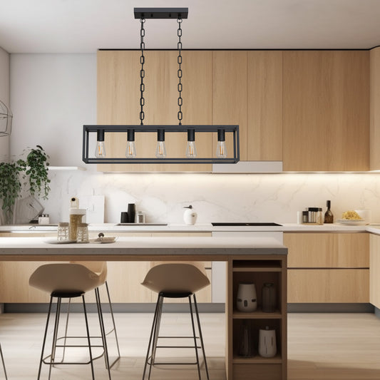 YANSUN 5-Light Matte Black Farmhouse Kitchen Island Pendant Lighting, Modern Rectangular Chandeliers for Dining room Foyer