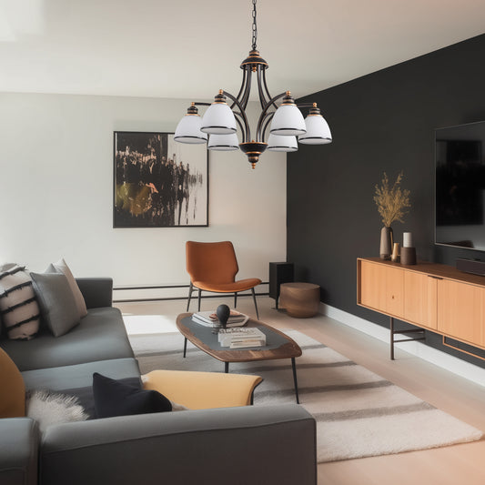 YANSUN 6-Light American Style Chandelier with Gold Accented E26 Downward Lights and White Glass Shades, No Bulb Included