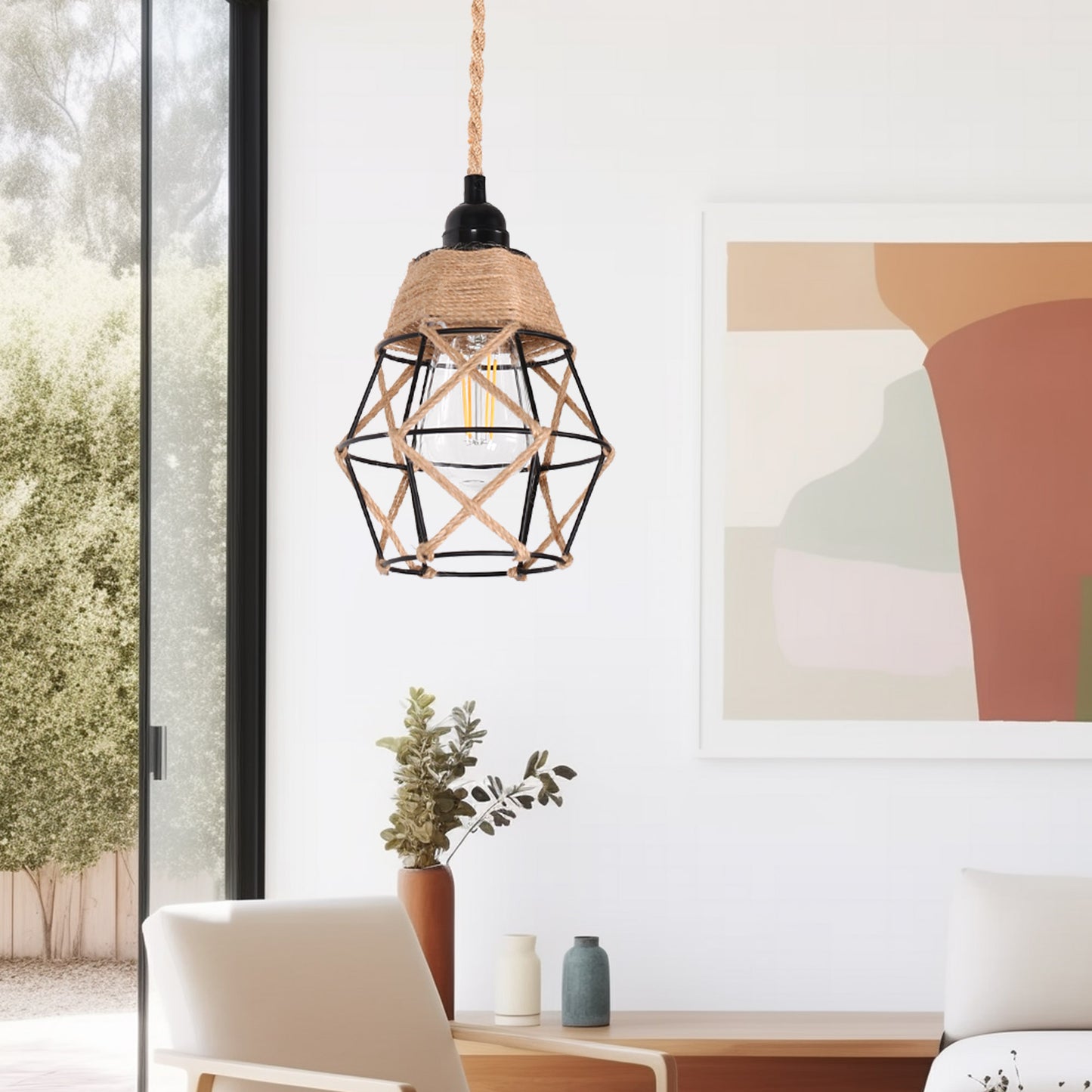 6.29 in. 1-Light Black Geometric Shaded Retro Plug-in Hand Woven Hemp Pendant Light with On/Off Switch for Dining Room