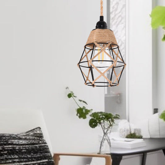 6.29 in. 1-Light Black Geometric Shaded Retro Plug-in Hand Woven Hemp Pendant Light with On/Off Switch for Dining Room