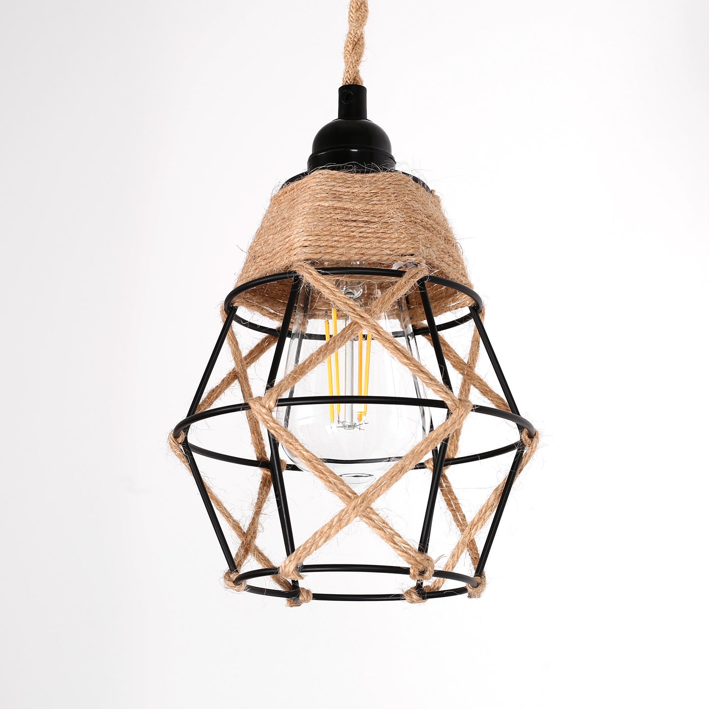 6.29 in. 1-Light Black Geometric Shaded Retro Plug-in Hand Woven Hemp Pendant Light with On/Off Switch for Dining Room
