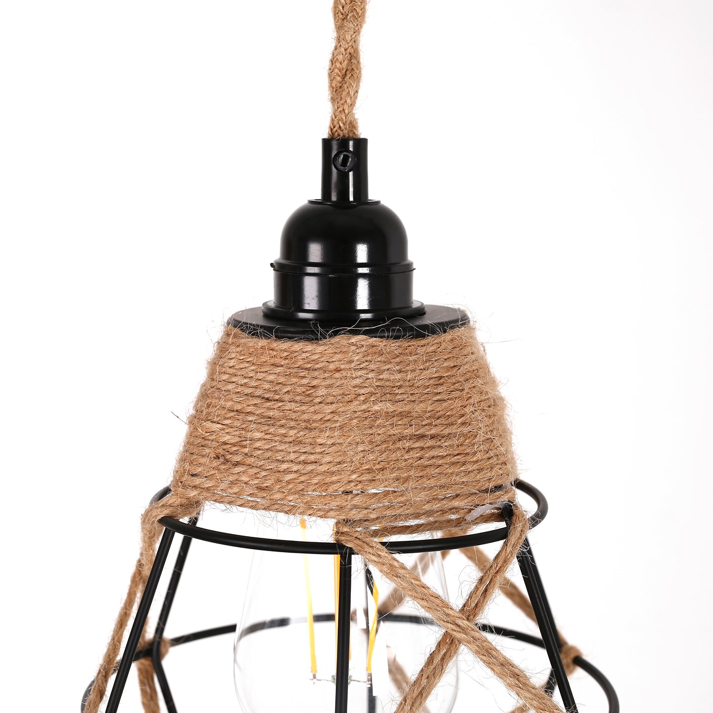 6.29 in. 1-Light Black Geometric Shaded Retro Plug-in Hand Woven Hemp Pendant Light with On/Off Switch for Dining Room