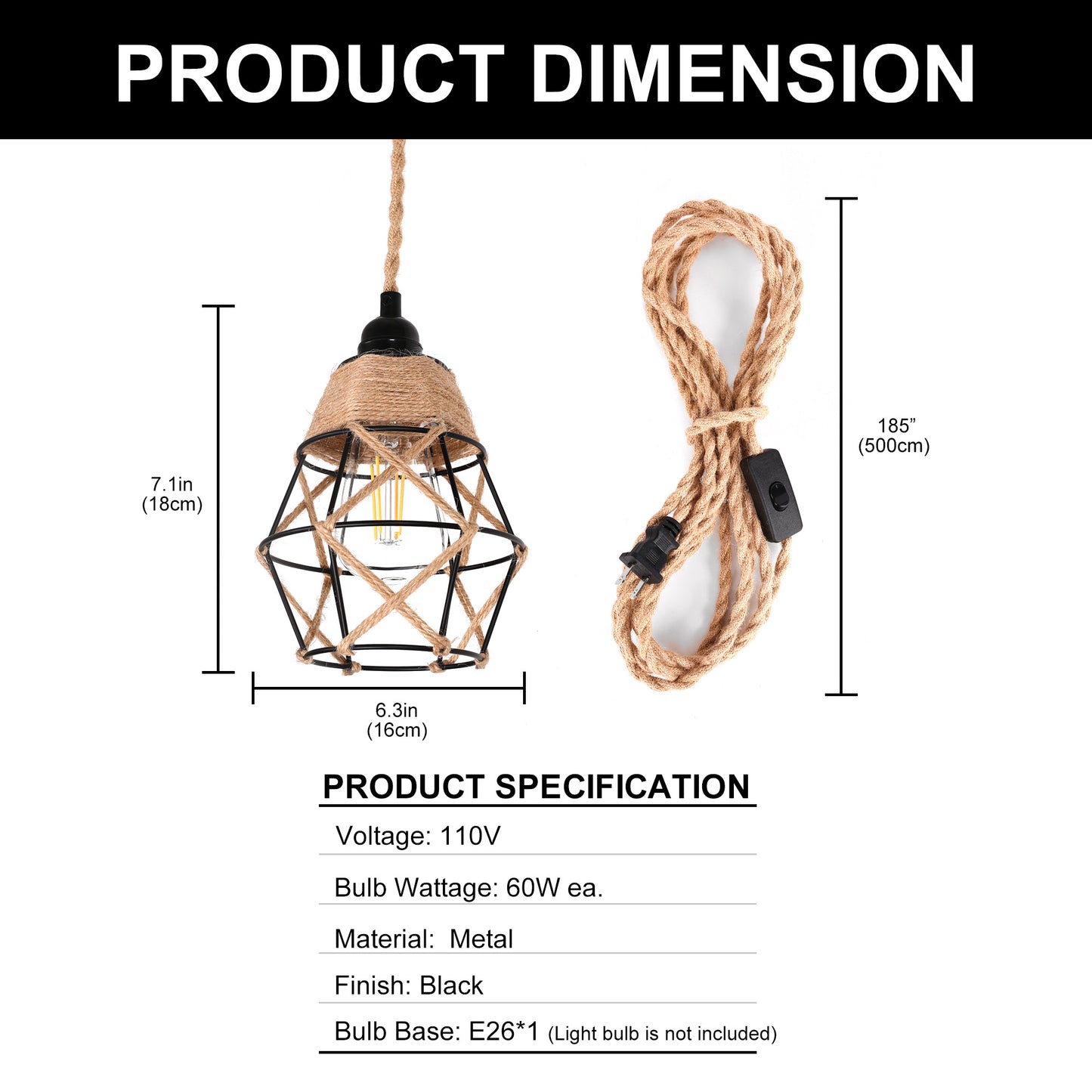 6.29 in. 1-Light Black Geometric Shaded Retro Plug-in Hand Woven Hemp Pendant Light with On/Off Switch for Dining Room