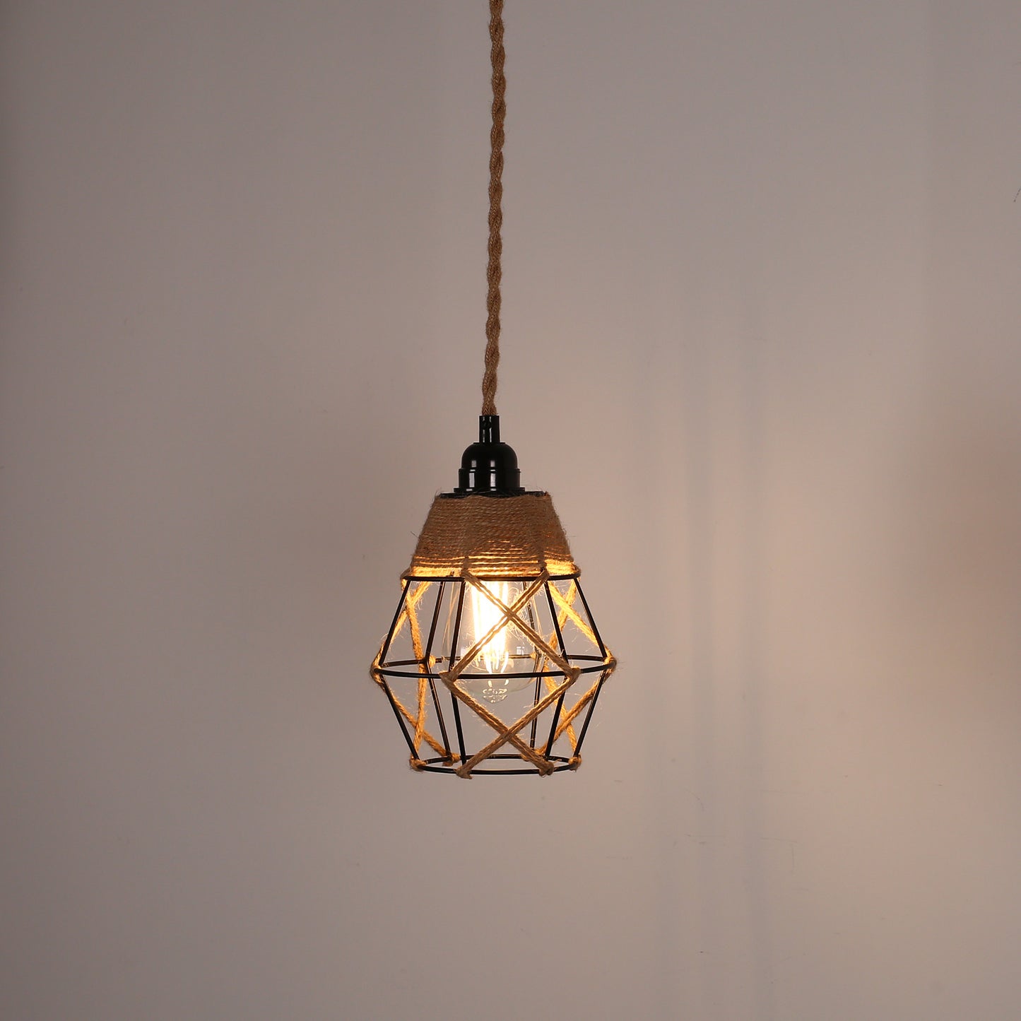 6.29 in. 1-Light Black Geometric Shaded Retro Plug-in Hand Woven Hemp Pendant Light with On/Off Switch for Dining Room