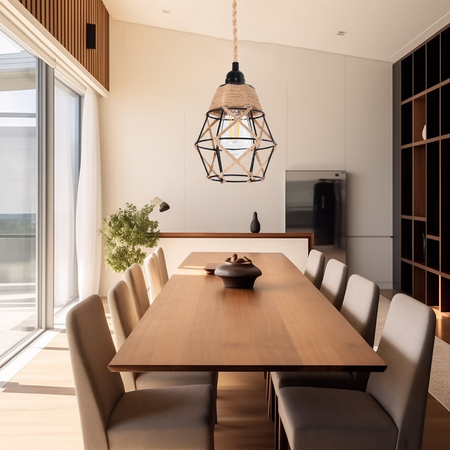 6.29 in. 1-Light Black Geometric Shaded Retro Plug-in Hand Woven Hemp Pendant Light with On/Off Switch for Dining Room