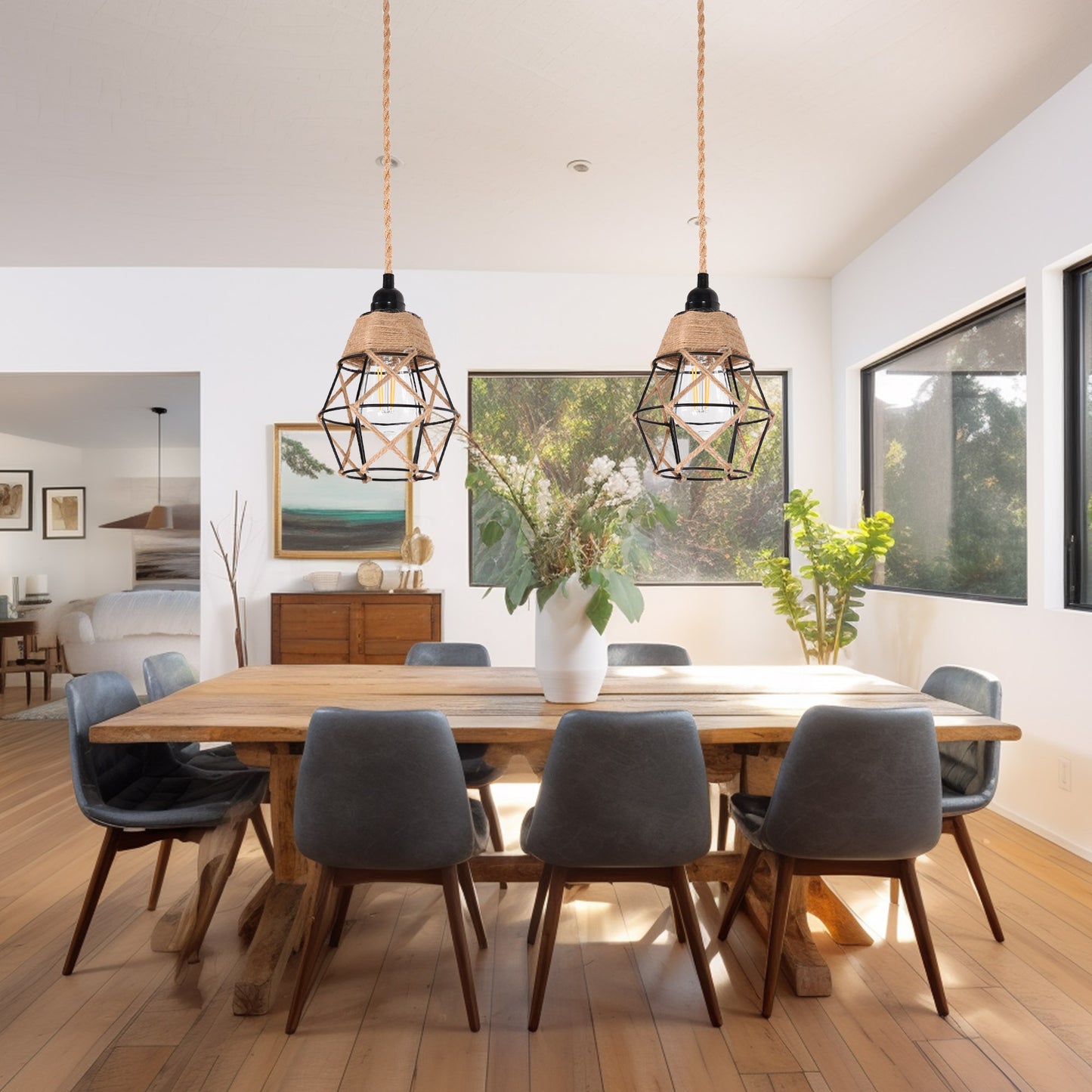 6.29 in. 1-Light Black Geometric Shaded Retro Plug-in Hand Woven Hemp Pendant Light with On/Off Switch for Dining Room