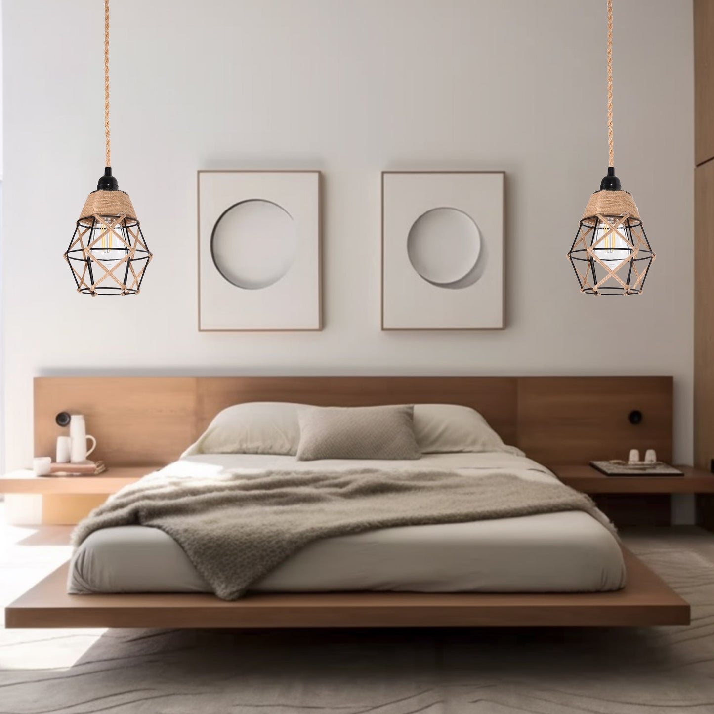 6.29 in. 1-Light Black Geometric Shaded Retro Plug-in Hand Woven Hemp Pendant Light with On/Off Switch for Dining Room