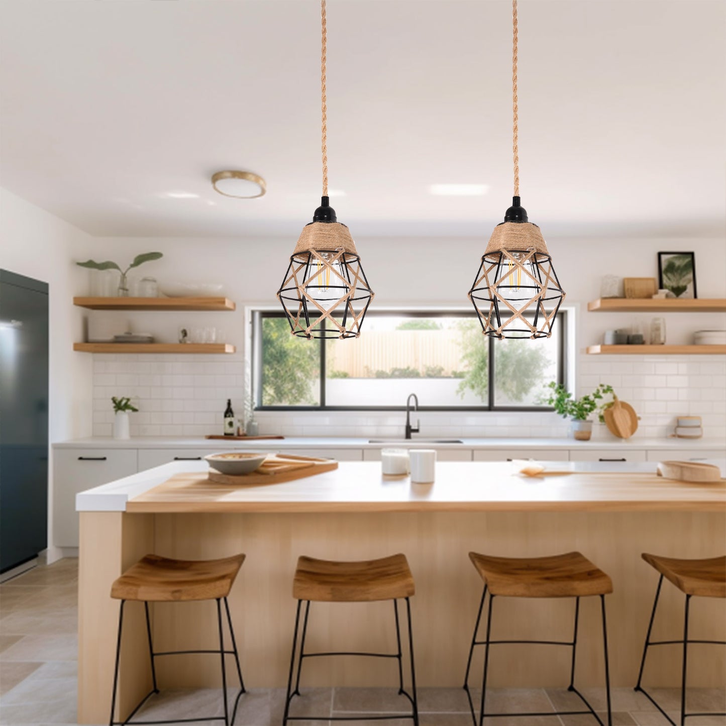 6.29 in. 1-Light Black Geometric Shaded Retro Plug-in Hand Woven Hemp Pendant Light with On/Off Switch for Dining Room