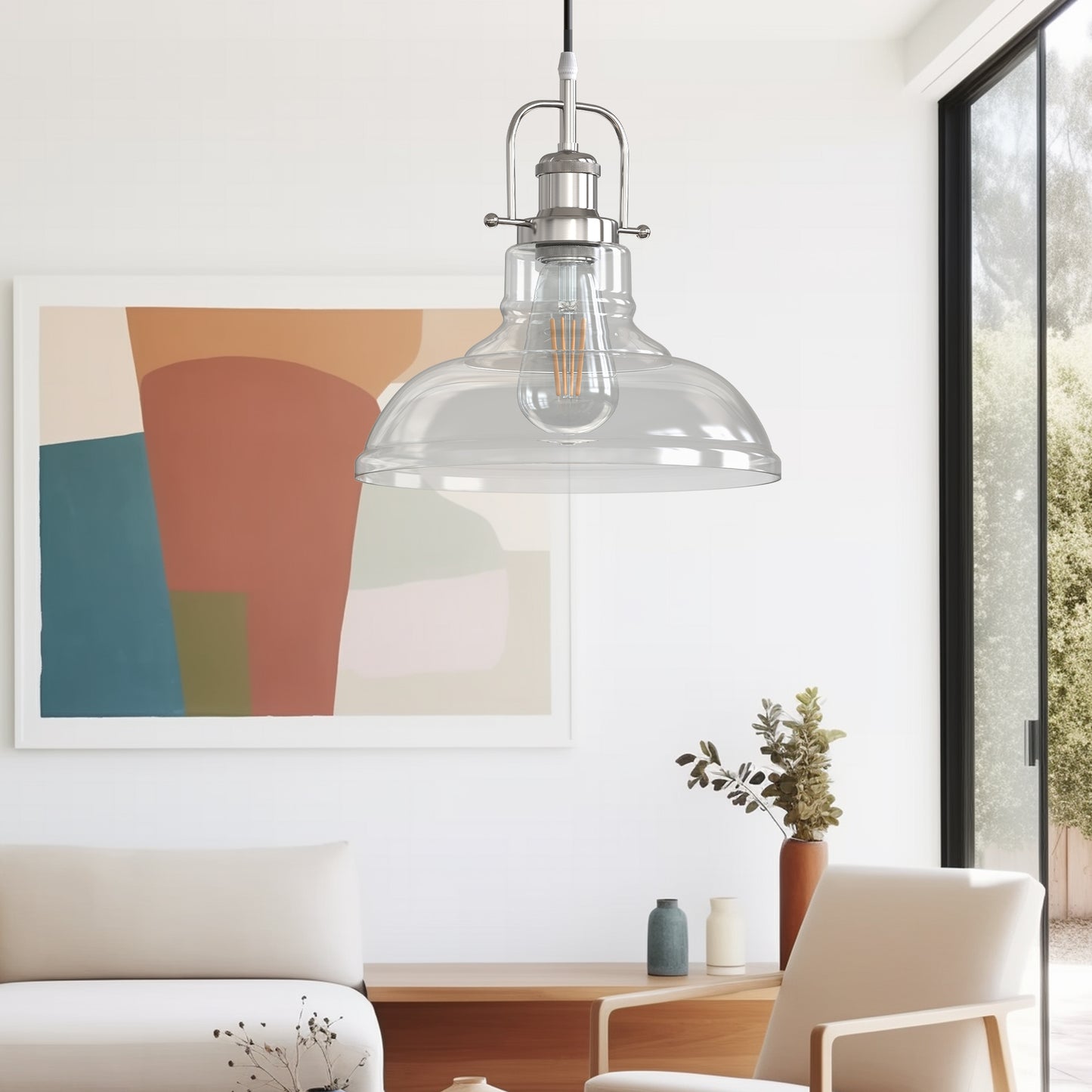 1-Light Brushed Nickel Modern Farmhouse Semi Flush Mount Pendant Light with Clear Glass Shaded