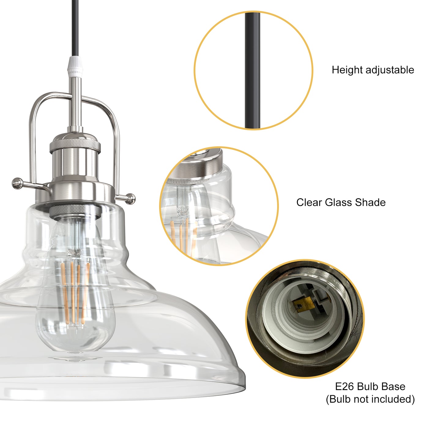1-Light Brushed Nickel Modern Farmhouse Semi Flush Mount Pendant Light with Clear Glass Shaded