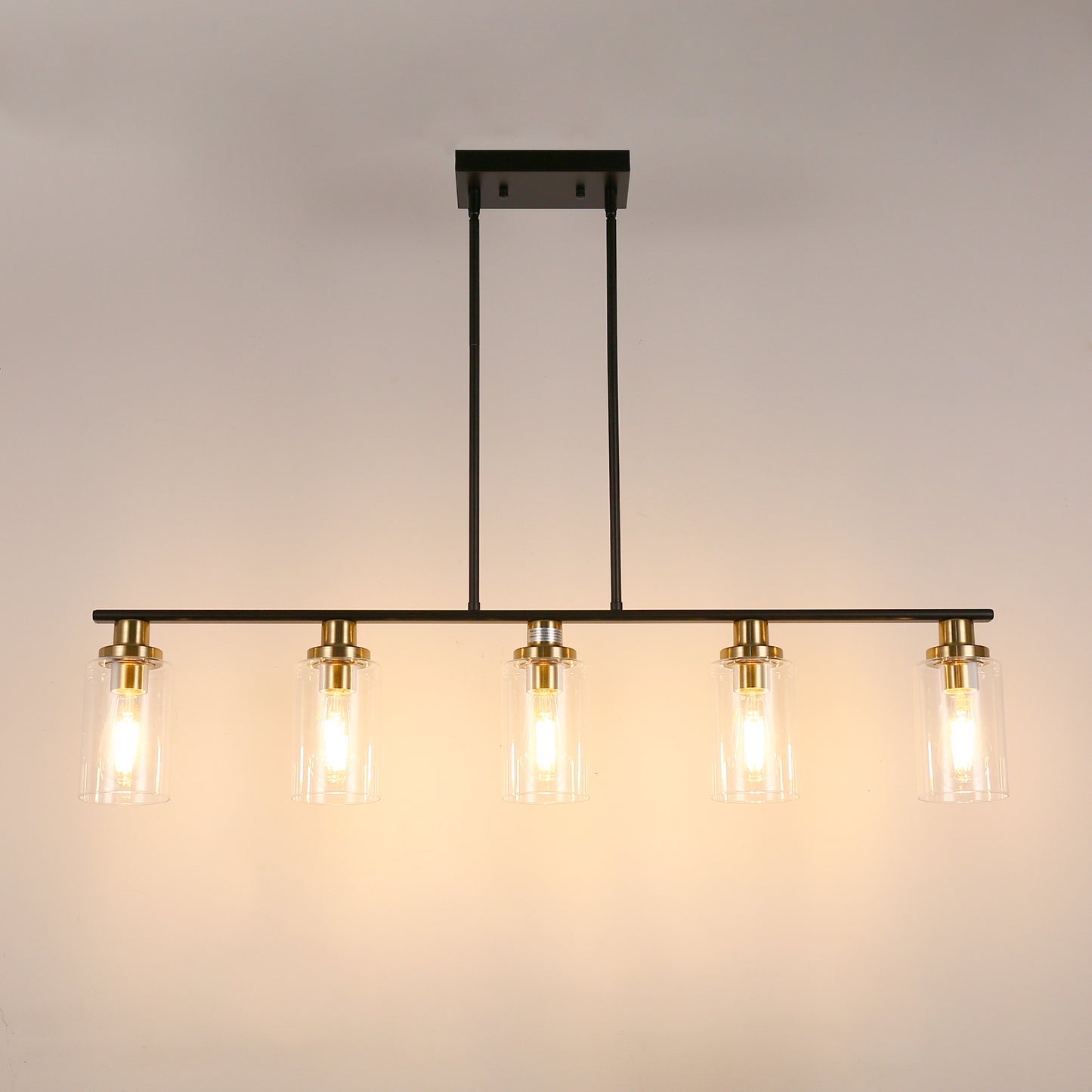 YANSUN 5-Light Black and Gold Farmhouse Linear Island Pendant Light with Clear Glass Shade for Dining Room, Kitchen Island