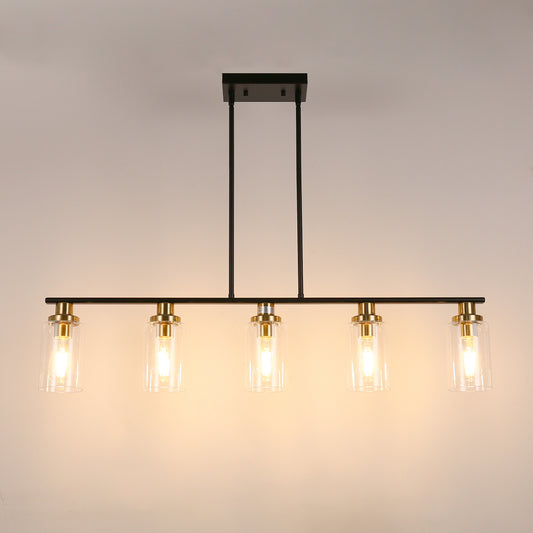 YANSUN 5-Light Black and Gold Farmhouse Linear Island Pendant Light with Clear Glass Shade for Dining Room, Kitchen Island