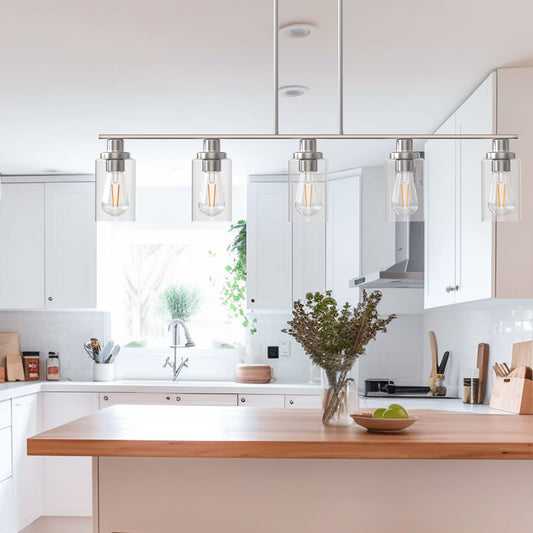 5-Light Brushed Nickel Modern Kitchen Island Pendant Lighting with Clear Glass Shade, Hanging Light for Dining Room