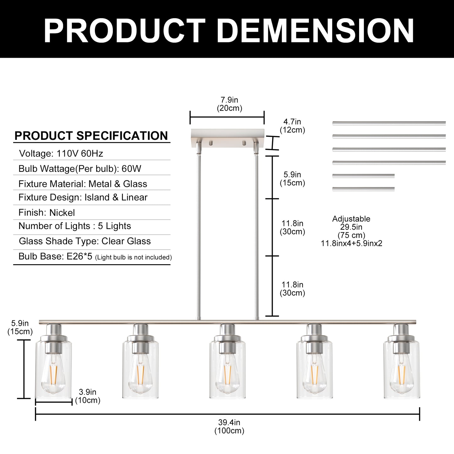5-Light Brushed Nickel Modern Kitchen Island Pendant Lighting with Clear Glass Shade, Hanging Light for Dining Room