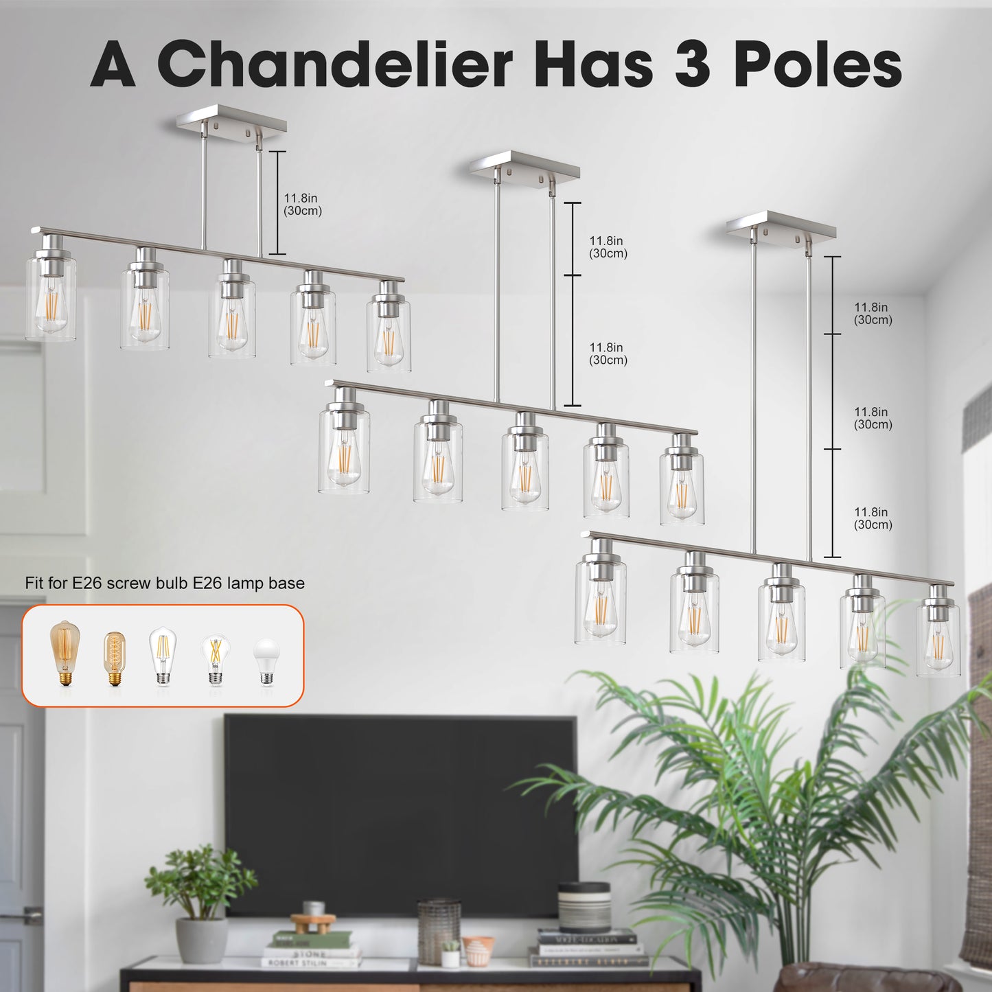 5-Light Brushed Nickel Modern Kitchen Island Pendant Lighting with Clear Glass Shade, Hanging Light for Dining Room
