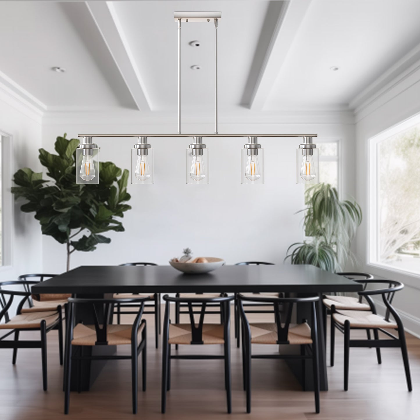 5-Light Brushed Nickel Modern Kitchen Island Pendant Lighting with Clear Glass Shade, Hanging Light for Dining Room