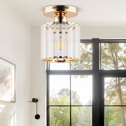 5 in.1-Light Gold Crystal Cylinder Semi Flush Mount Ceiling Light for Foyer Closet Entryway Kitchen Bedroom Dining Room